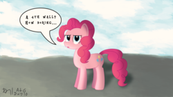 Size: 3604x2028 | Tagged: safe, artist:thedarksatanicorn, pinkie pie, earth pony, pony, g4, alternate reality, atg 2018, female, fourth wall, high res, newbie artist training grounds, out of character, solo, speech bubble, text