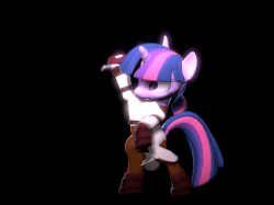 Size: 479x359 | Tagged: safe, artist:fishimira, twilight sparkle, pony, unicorn, g4, 3d, animated, bipedal, black background, clothes, female, horn, jedi, lightsaber, pants, simple background, smiling, solo, source filmmaker, star wars, tail, unicorn twilight, weapon