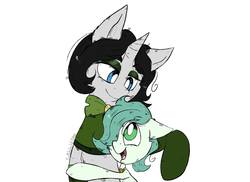 Size: 2031x1476 | Tagged: safe, artist:debicat, oc, oc only, oc:emerald jewel, oc:joyride, earth pony, pony, unicorn, colt quest, child, clothes, colt, cyoa, duo, eyeshadow, female, femboy, foal, hair over one eye, horn, hug, looking at each other, looking at someone, makeup, male, mare, smiling, smiling at each other, socks