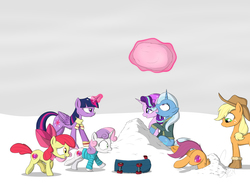 Size: 4826x3600 | Tagged: safe, artist:theravencriss, apple bloom, applejack, scootaloo, starlight glimmer, sweetie belle, trixie, twilight sparkle, alicorn, earth pony, pegasus, pony, unicorn, g4, accident, boots, clothes, crash, cutie mark crusaders, disproportionate retribution, female, filly, magic, mare, scarf, scootacrash, scooter, sheepish grin, shoes, shrunken pupils, snow, snowball, snowball fight, stuck, telekinesis, twilight sparkle (alicorn)