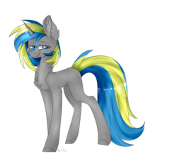 Size: 4105x3847 | Tagged: safe, artist:amberkittydraws, oc, oc only, oc:fizzygreen, pony, unicorn, blue, blue eyes, chest fluff, commission, equine, gray, gray coat, horn, looking at you, male, simple background, smug, solo, stallion, transparent background, walking, yellow