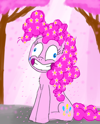 Size: 871x1078 | Tagged: safe, artist:horsesplease, blossom, pinkie pie, original species, plant pony, g4, yakity-sax, behaving like a tree, cherry blossoms, contemplating insanity, crying, derp, flower, flower blossom, flower in hair, grin, happiness, happy, paint tool sai, pink, plant, sad, sakura pie, sitting, smiling, tree
