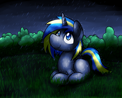 Size: 1280x1024 | Tagged: safe, artist:sugar morning, oc, oc only, oc:fizzygreen, pony, unicorn, blue, blue eyes, dark, equine, grass, gray, gray coat, green, horn, looking at the sky, looking up, lying down, male, nature, night, outdoors, rain, solo, stallion, tree, yellow