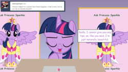 Size: 1280x720 | Tagged: safe, artist:hakunohamikage, twilight sparkle, alicorn, pony, ask-princesssparkle, g4, april fools, ask, big crown thingy, female, jewelry, out of character, regalia, solo, tumblr, twilight sparkle (alicorn)