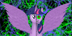 Size: 4000x2000 | Tagged: safe, artist:delphina34, twilight sparkle, alicorn, pony, two sided posters, g4, corrupted, dark magic, evil twilight, female, magic, newbie artist training grounds, sharp teeth, solo, sombra eyes, teeth, twilight sparkle (alicorn), two sides