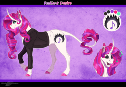 Size: 1530x1050 | Tagged: safe, artist:bijutsuyoukai, oc, oc only, oc:radiant desire, pony, unicorn, clothes, female, jacket, magical lesbian spawn, mare, offspring, parent:rarity, parent:sunset shimmer, parents:sunsarity, reference sheet, solo