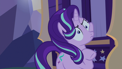 Size: 1280x720 | Tagged: safe, screencap, starlight glimmer, pony, unicorn, g4, to where and back again, female, mare, raised hoof, solo, trixie's wagon