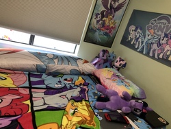 Size: 4032x3024 | Tagged: safe, applejack, fluttershy, pinkie pie, rainbow dash, rarity, starlight glimmer, trixie, twilight sparkle, alicorn, pony, g4, blanket, body pillow, irl, mane six, merchandise, needs more ponies, nintendo switch, photo, pillow, plushie, power bank, twilight sparkle (alicorn)