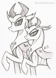 Size: 1422x1964 | Tagged: safe, artist:rossmaniteanzu, pharynx, thorax, changedling, changeling, g4, brothers, changedling brothers, duo, duo male, gray background, grayscale, king thorax, male, monochrome, pencil drawing, prince pharynx, raised hoof, simple background, sketch, traditional art