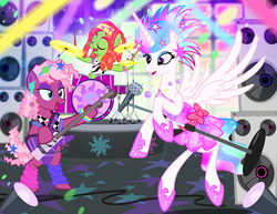 Size: 1000x773 | Tagged: safe, artist:pixelkitties, cheerilee, princess celestia, tree hugger, alicorn, earth pony, pony, g4, 80s, 80s cheerilee, bass guitar, clothes, drums, electric guitar, female, hippie horse noises, horse noises, mare, microphone, microphone stand, musical instrument, nicole oliver, punk, show accurate, speaker, trio, trio female, voice actor joke