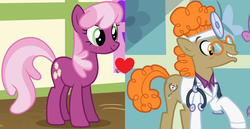 Size: 950x492 | Tagged: safe, edit, edited screencap, screencap, cheerilee, doctor muffin top, earth pony, pony, g4, crack shipping, female, heart, male, mare, muffinlee, shipping, shipping domino, stallion, straight