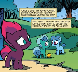 Size: 792x732 | Tagged: safe, artist:andy price, idw, official comic, glitter drops, spring rain, tempest shadow, pony, unicorn, g4, my little pony: the movie, spoiler:comic, spoiler:comic68, ball, broken horn, colt, cropped, cute, eye scar, female, filly, flashback, foal, horn, male, scar, start of darkness, tempest's tale, tempestbetes