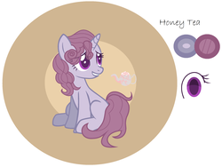 Size: 1024x772 | Tagged: safe, artist:k3elliebear, oc, oc only, oc:honey tea, pony, unicorn, female, magical lesbian spawn, mare, offspring, parent:pinkie pie, parent:sugar belle, parents:sugarpie, reference sheet, solo