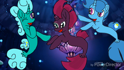 Size: 1366x768 | Tagged: safe, artist:徐詩珮, fizzlepop berrytwist, glitter drops, spring rain, tempest shadow, seapony (g4), unicorn, g4, my little pony: the movie, bubble, coral, crepuscular rays, dorsal fin, female, fin, fish tail, flowing mane, flowing tail, happy, horn, lesbian, looking at each other, looking at someone, mare, ocean, open mouth, open smile, polyamory, scales, seaponified, seapony glitter drops, seapony spring rain, seapony tempest shadow, seaquestria, seaweed, ship:glittershadow, ship:springdrops, ship:springshadow, ship:springshadowdrops, shipping, smiling, smiling at each other, species swap, swimming, tail, underwater, water