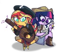 Size: 1728x1478 | Tagged: safe, artist:psychodiamondstar, sci-twi, sunset shimmer, twilight sparkle, equestria girls, g4, boots, clothes, cowboy boots, cowboy hat, cowgirl, female, glasses, guitar, hat, shoes, simple background, stetson, writing