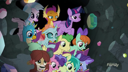 Size: 1280x720 | Tagged: safe, screencap, berry blend, berry bliss, gallus, huckleberry, november rain, ocellus, peppermint goldylinks, sandbar, silverstream, smolder, twilight sparkle, yona, alicorn, changedling, changeling, dragon, earth pony, griffon, hippogriff, pegasus, pony, unicorn, yak, g4, the end in friend, book, cute, diaocelles, diastreamies, dragoness, female, friendship student, gallabetes, gem cave, male, mine, sandabetes, smolderbetes, stallion, student six, twilight sparkle (alicorn), varying degrees of want, yonadorable