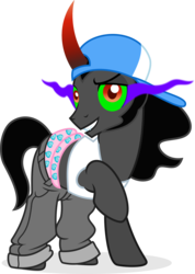 Size: 1732x2433 | Tagged: safe, artist:punzil504, king sombra, pony, unicorn, g4, backwards ballcap, baseball cap, cap, clothes, curved horn, hat, horn, male, raised hoof, rapper, simple background, solo, sombra eyes, stallion, transparent background