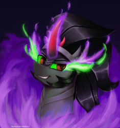 Size: 1024x1091 | Tagged: safe, artist:equestrian-downfall, king sombra, pony, unicorn, g4, bust, curved horn, horn, male, smiling, solo, sombra eyes, stallion