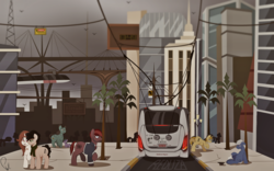Size: 5672x3528 | Tagged: safe, artist:phyll, oc, oc only, oc:pampa, oc:phyll, pony, background pony, beggar, bridge, building, bus, city, cityscape, clock, monorail, portuguese, tree, trolleybus