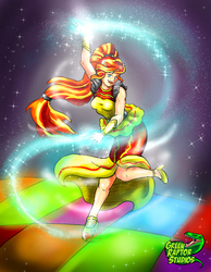 Size: 3021x3896 | Tagged: safe, artist:pete-da-graptor, sunset shimmer, equestria girls, equestria girls specials, g4, my little pony equestria girls: dance magic, alternate hairstyle, bracelet, bracer, clothes, dress, female, flamenco, flamenco dress, high res, jewelry, magic, open mouth, ponied up, shoes, solo, sparkles, sunset shimmer flamenco dress