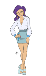 Size: 1000x1659 | Tagged: safe, artist:icicle-niceicle-1517, artist:mono-phos, color edit, edit, rarity, human, g4, breasts, clothes, colored, ear piercing, earring, feet, female, high heels, humanized, jewelry, miniskirt, nail polish, piercing, shirt, shoes, simple background, skirt, solo, transparent background