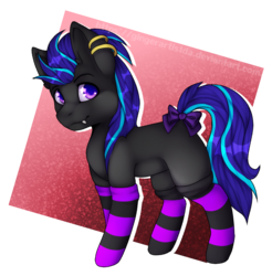 Size: 880x893 | Tagged: safe, artist:gingerartistda, oc, oc only, oc:midnight blue, bat pony, hybrid, bow, clothes, commission, ear piercing, earring, jewelry, piercing, ribbon, simple background, socks, solo, stockings, striped socks, tail bow, thigh highs, transparent background, watermark