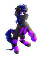 Size: 2746x4000 | Tagged: safe, artist:anonymous, oc, oc only, oc:midnight blue, bat pony, hybrid, bow, clothes, commission, ear piercing, earring, jewelry, piercing, ribbon, simple background, socks, solo, stockings, striped socks, tail bow, thigh highs, transparent background