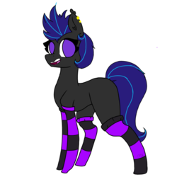 Size: 624x624 | Tagged: safe, artist:kittenthedemon13, oc, oc only, oc:midnight blue, bat pony, hybrid, clothes, commission, ear piercing, earring, jewelry, piercing, simple background, socks, stockings, striped socks, thigh highs, white background