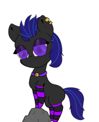 Size: 2951x3624 | Tagged: safe, artist:kittenthedemon13, oc, oc only, oc:midnight blue, bat pony, hybrid, bell, bell collar, clothes, collar, commission, ear piercing, earring, high res, jewelry, piercing, simple background, socks, solo, stockings, striped socks, thigh highs, transparent background