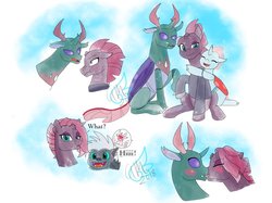 Size: 1600x1199 | Tagged: safe, artist:fallenangel5414, grubber, ocellus, pharynx, tempest shadow, changedling, changeling, pony, unicorn, g4, my little pony: the movie, alternate hairstyle, blushing, broken horn, colored sketch, crack shipping, cute, eye scar, female, horn, innuendo, interspecies, kiss on the lips, kissing, male, mare, prince pharynx, scar, scrunchy face, ship:tempynx, shipping, smiling, something else also rises, spread wings, twitterpated, wingboner, wings