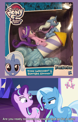 Size: 800x1250 | Tagged: safe, derpibooru exclusive, edit, edited screencap, screencap, starlight glimmer, trixie, pony, unicorn, g4, fan series, female, friendship throne, guardians of harmony, hasbro, implied futa, implied penis, innuendo, irl, looking at each other, mare, photo, rocket, toy, toy interpretation, trixie's rocket