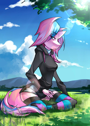 Size: 1417x1984 | Tagged: safe, artist:hattikey, oc, oc only, oc:panda shade, anthro, alternate hairstyle, clothes, collar, hoodie, looking at you, outdoors, sitting, socks, striped socks