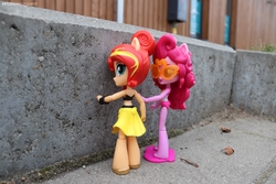 Size: 6000x4000 | Tagged: safe, artist:artofmagicpoland, pinkie pie, sunset shimmer, equestria girls, equestria girls series, g4, breaking the fourth wall, clothes, doll, equestria girls minis, female, irl, photo, swimsuit, toy
