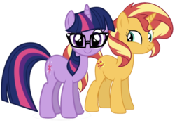 Size: 923x647 | Tagged: safe, artist:php77, artist:sugar-loop, editor:php77, sci-twi, sunset shimmer, twilight sparkle, pony, unicorn, equestria girls, equestria girls series, g4, duo, faic, looking at you, simple background, smiling, smirk, transparent background, twiface, unicorn sci-twi