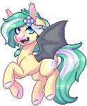 Size: 124x150 | Tagged: safe, artist:ak4neh, oc, oc only, oc:icy breeze, bat pony, pony, animated, bat pony oc, blinking, female, flower, flower in hair, gif, mare, pixel art, simple background, solo, transparent background