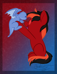 Size: 1024x1325 | Tagged: safe, artist:sketchthebluepegasus, oc, oc:draft, dragon, earth pony, pony, chibi, crossover, eragon, holding a dragon, male, saphira, stallion