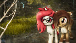 Size: 1920x1080 | Tagged: safe, artist:star-lightstarbright, oc, oc only, oc:claire, oc:red ace, earth pony, pony, unicorn, 3d, female, glasses, mare, source filmmaker, tree