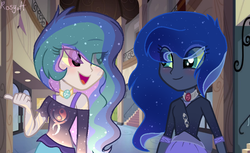 Size: 1024x627 | Tagged: safe, artist:rosyh9, oc, oc only, oc:aurora night, oc:sunset, hybrid, equestria girls, g4, blushing, clothes, colored sclera, cousins, duo, female, interspecies offspring, offspring, parent:discord, parent:king sombra, parent:princess celestia, parent:princess luna, parents:dislestia, parents:lumbra