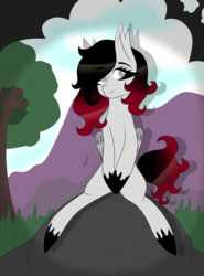 Size: 3120x4208 | Tagged: safe, artist:hestiay, oc, oc only, pegasus, pony, colored hooves, signature, sitting, smiling, solo, tree