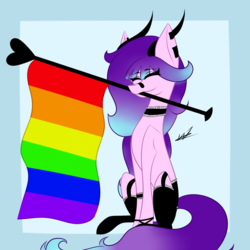 Size: 1024x1024 | Tagged: safe, artist:hestiay, oc, oc only, pony, clothes, eyes closed, gay pride flag, lgbt, mouth hold, pride, pride flag, signature, sitting, solo, stockings, thigh highs