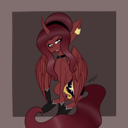 Size: 1024x1024 | Tagged: safe, artist:hestiay, oc, oc only, alicorn, pony, alicorn oc, curved horn, horn, signature, sitting, solo