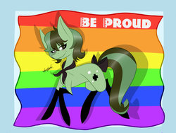 Size: 1024x768 | Tagged: safe, artist:hestiay, oc, oc only, earth pony, pony, bow, gay pride flag, lgbt, pride, pride flag, signature, solo, tail bow