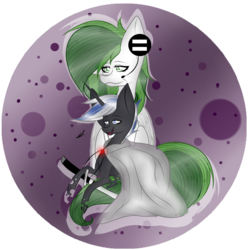 Size: 3000x3000 | Tagged: safe, artist:hestiay, oc, oc only, changeling, pegasus, pony, abstract background, cape, changeling oc, clothes, duo, headset, high res, simple background, sword, transparent background, weapon