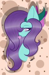 Size: 1024x1570 | Tagged: safe, artist:hestiay, oc, oc only, earth pony, pony, abstract background, bow, bust, hair bow, heart, signature, solo