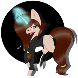 Size: 1024x1024 | Tagged: safe, artist:hestiay, oc, oc only, pony, unicorn, abstract background, clothes, glowing horn, horn, one eye closed, raised hoof, signature, simple background, solo, tongue out, transparent background
