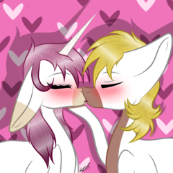 Size: 1024x1024 | Tagged: safe, artist:hestiay, oc, oc only, earth pony, pony, unicorn, duo, eyes closed, female, kissing, male, oc x oc, shipping, straight