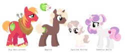 Size: 1261x535 | Tagged: safe, artist:puwaqukui, big macintosh, sweetie belle, oc, oc:empire, oc:spoiled rotten, pony, unicorn, g4, bandage, base used, beard, bow, facial hair, female, filly, hair bow, hoof polish, male, offspring, older, older sweetie belle, parent:big macintosh, parent:sweetie belle, parents:sweetiemac, scar, ship:sweetiemac, shipping, simple background, stallion, straight, transparent background