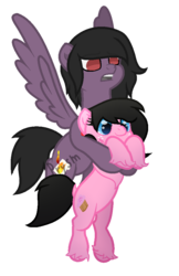 Size: 650x1003 | Tagged: safe, artist:thatonefluffs, oc, oc only, oc:moonlight, oc:spooks, earth pony, pegasus, pony, base used, female, holding a pony, mare, ship:spoon, simple background, transparent background