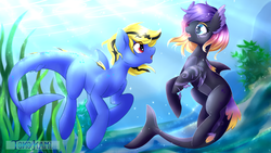 Size: 1920x1080 | Tagged: safe, artist:tokokami, oc, oc only, oc:blooming lotus, oc:thunder lightning, original species, shark, shark pony, blue eyes, bubble, colored pupils, crepuscular rays, dorsal fin, fins, fish tail, looking at each other, ocean, open mouth, red eyes, sharkified, sparkles, sunlight, tail, thunming, underwater, water