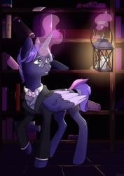 Size: 1024x1448 | Tagged: safe, artist:worldlofldreams, oc, oc only, alicorn, pony, alicorn oc, book, candle, clothes, commission, fire, glasses, lantern, library, magic, male, shelf, solo